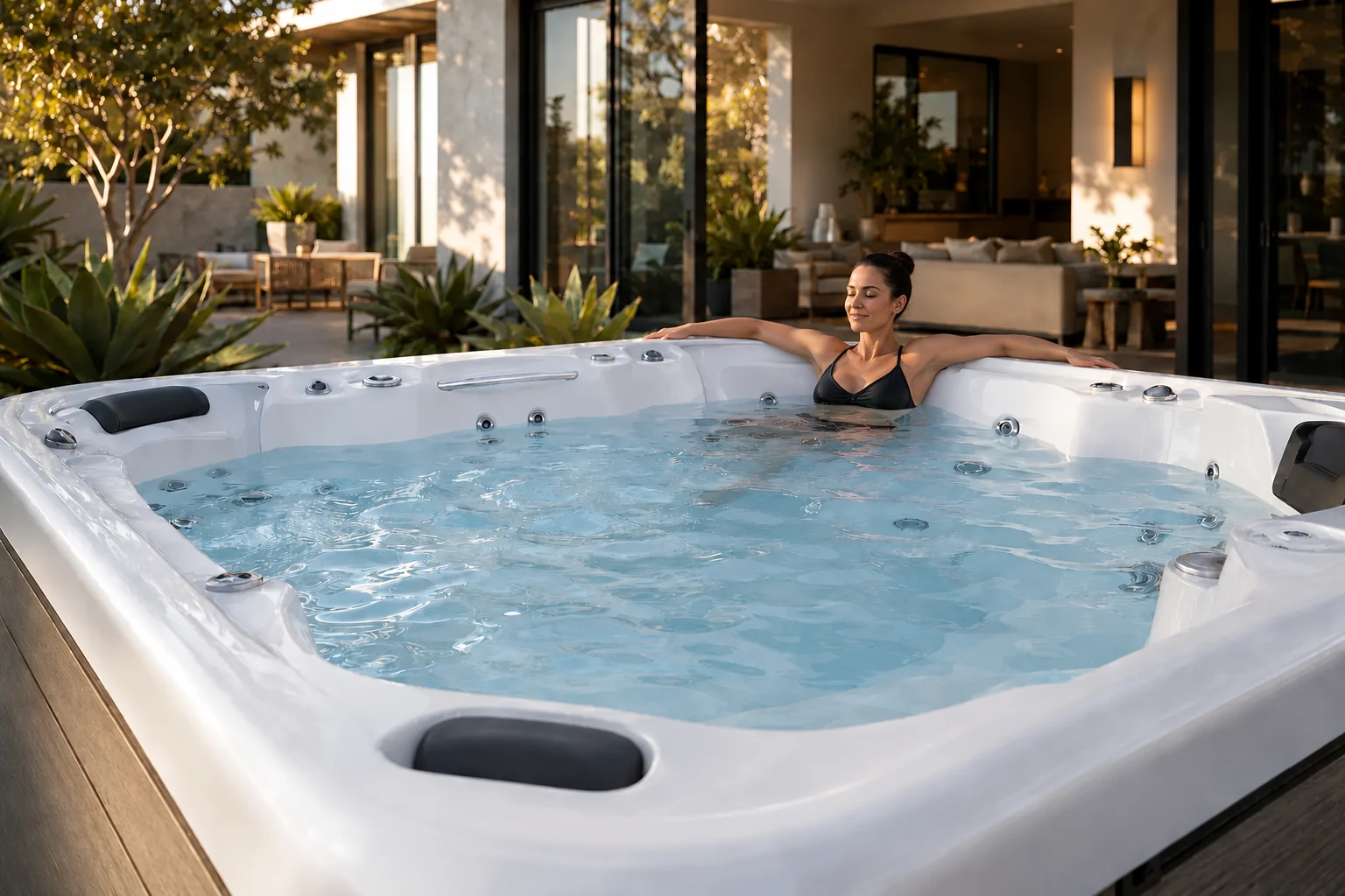 Woman relaxing in a Cal Spas hot tub in a modern outdoor setting