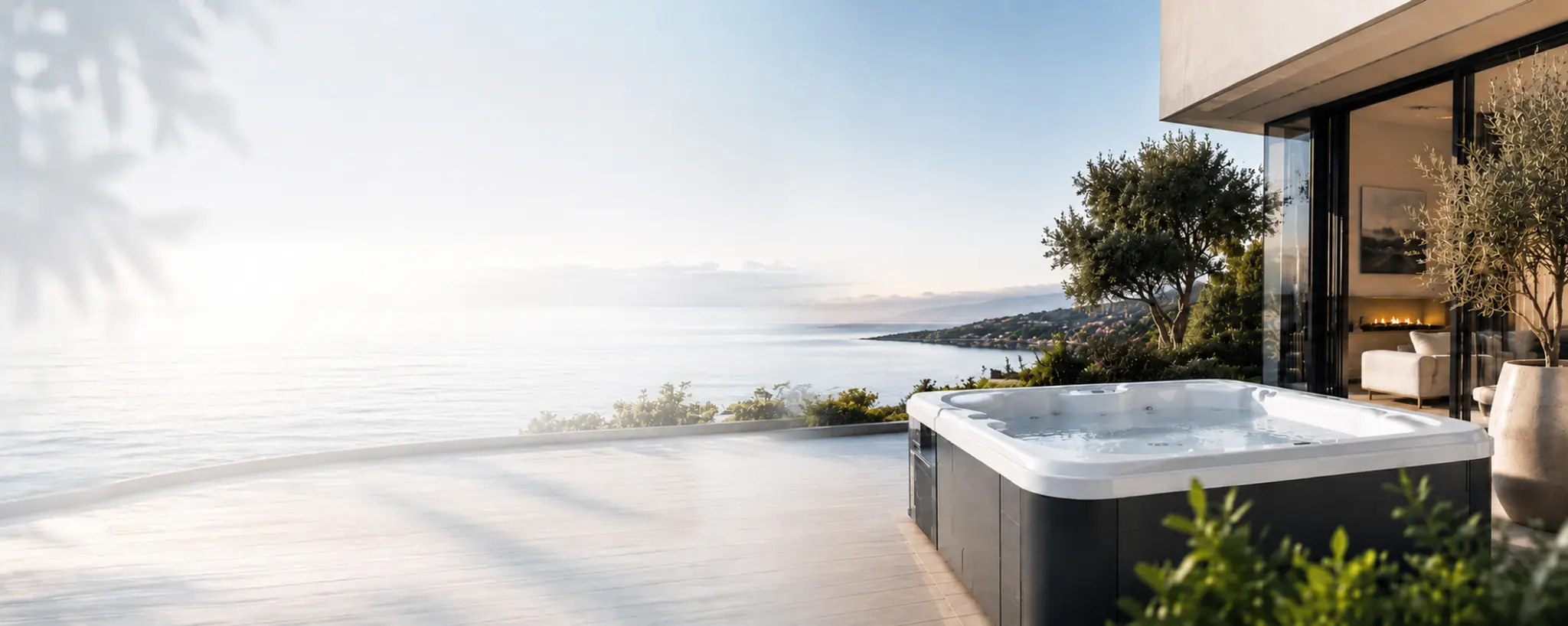 Hot tub on an ocean-view terrace beside a modern home
